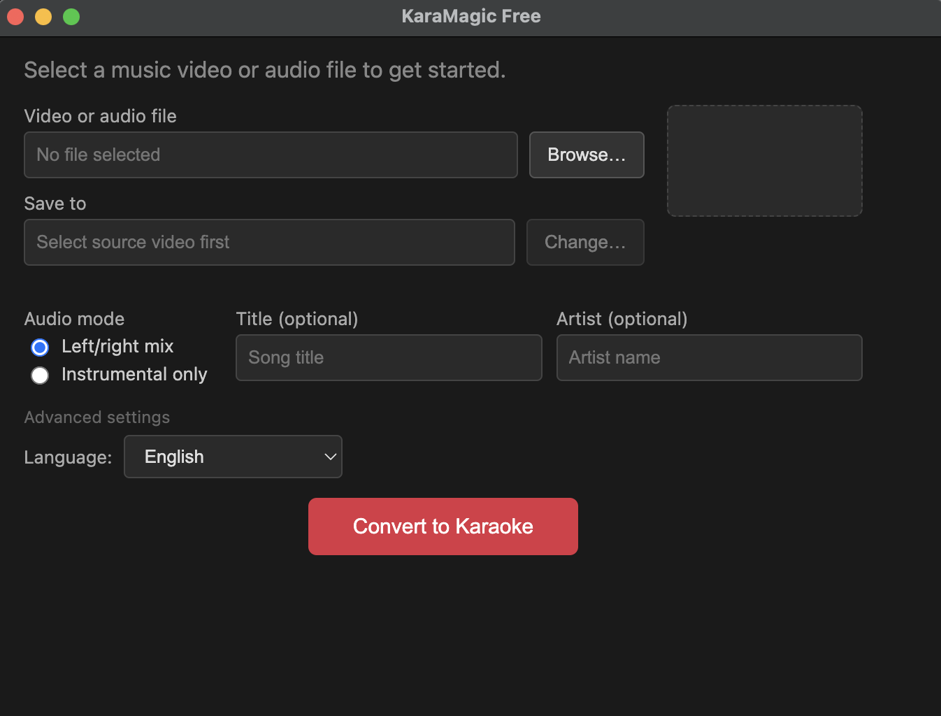 KaraMagic Free main interface in dark mode
