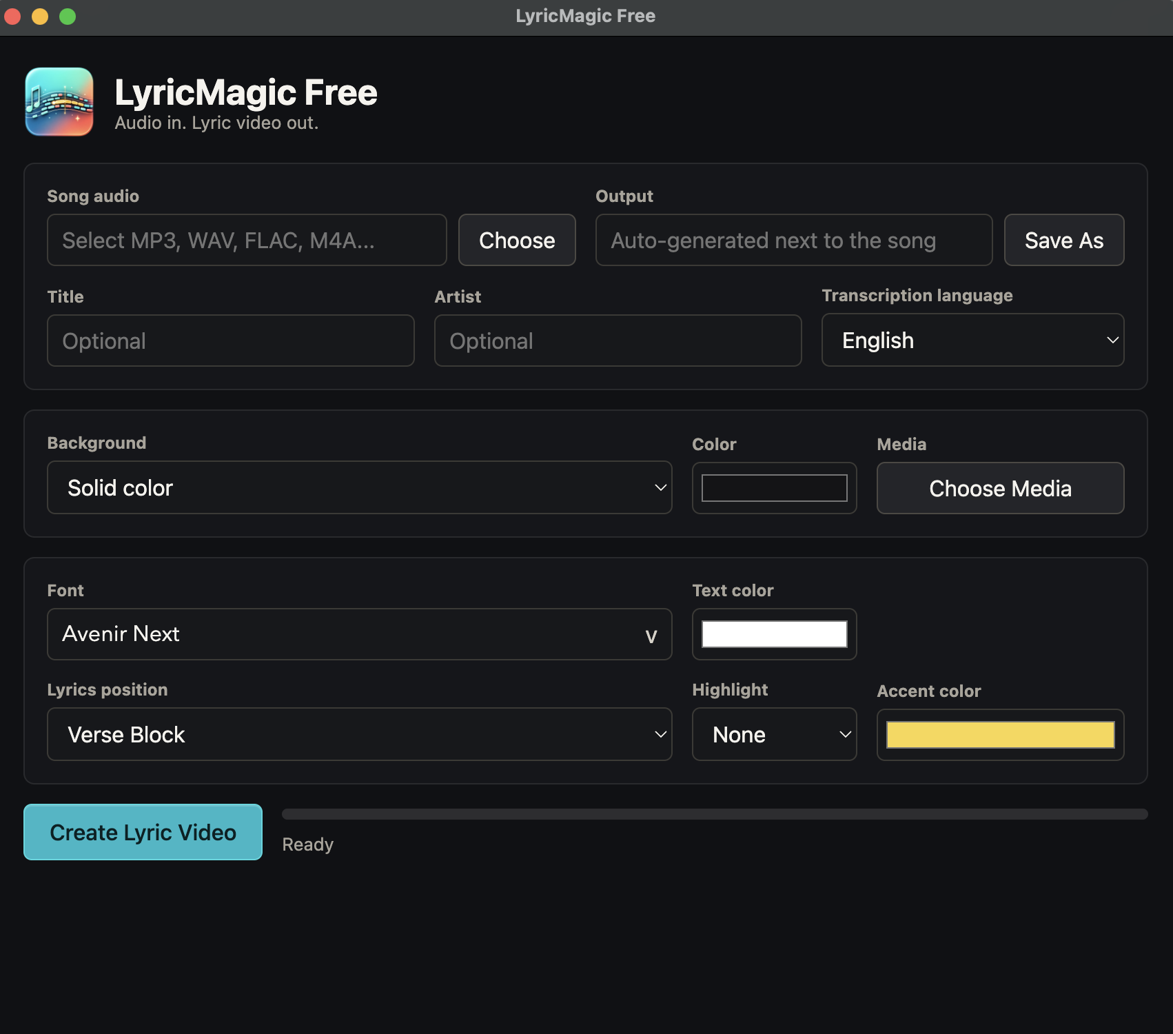 LyricMagic Free main interface in dark mode