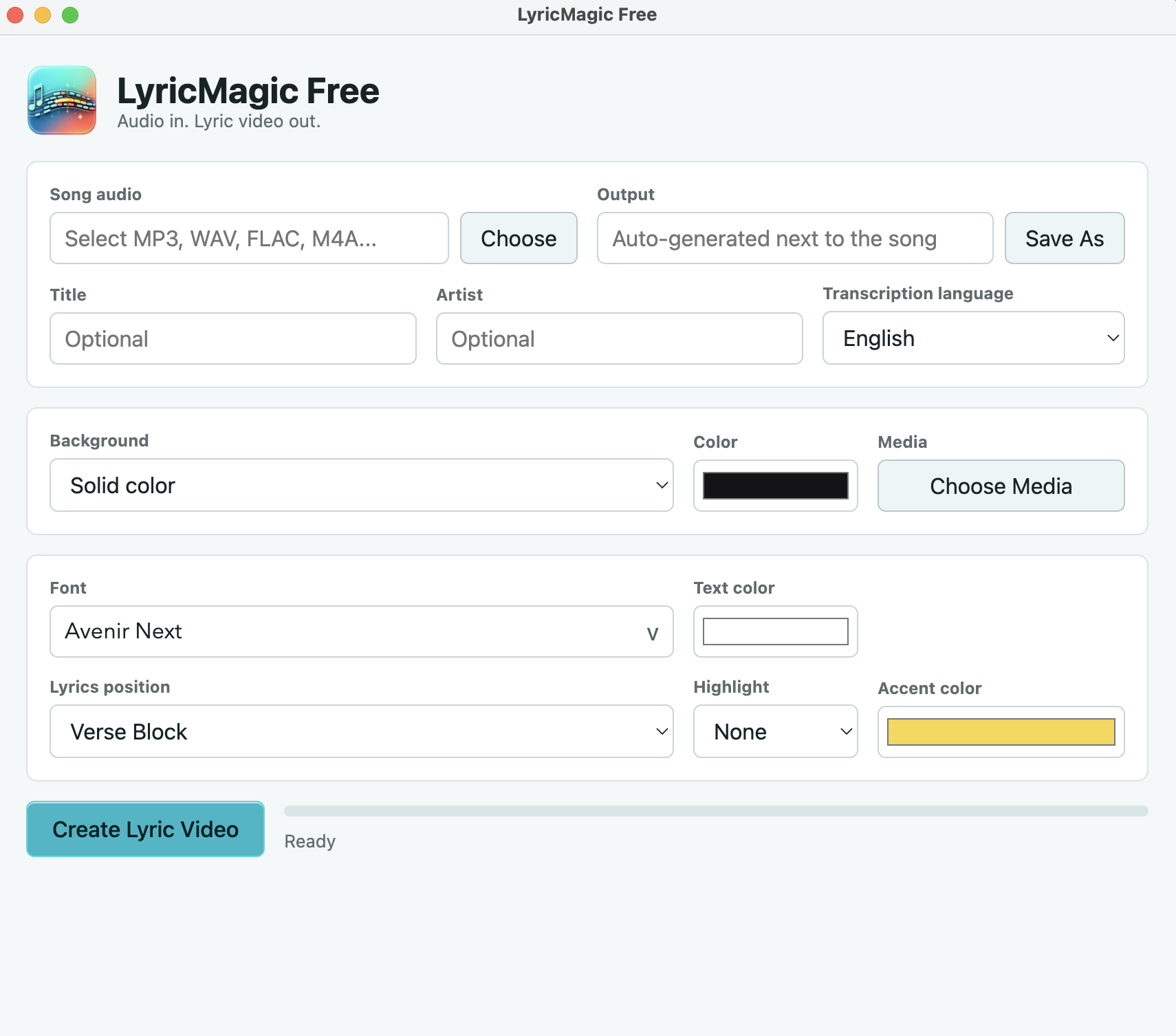 LyricMagic Free main interface in light mode