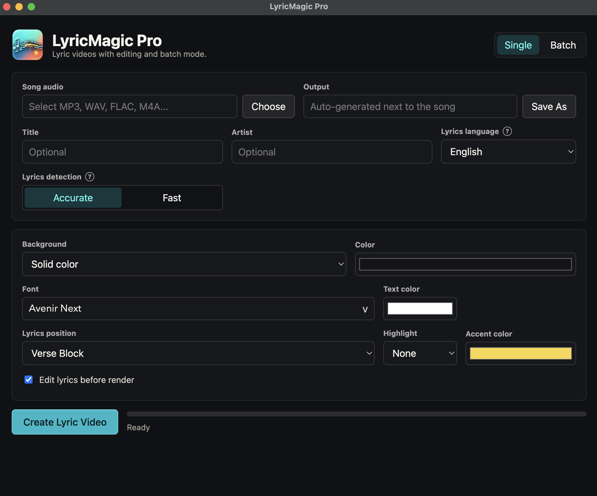 LyricMagic Pro single conversion in dark mode