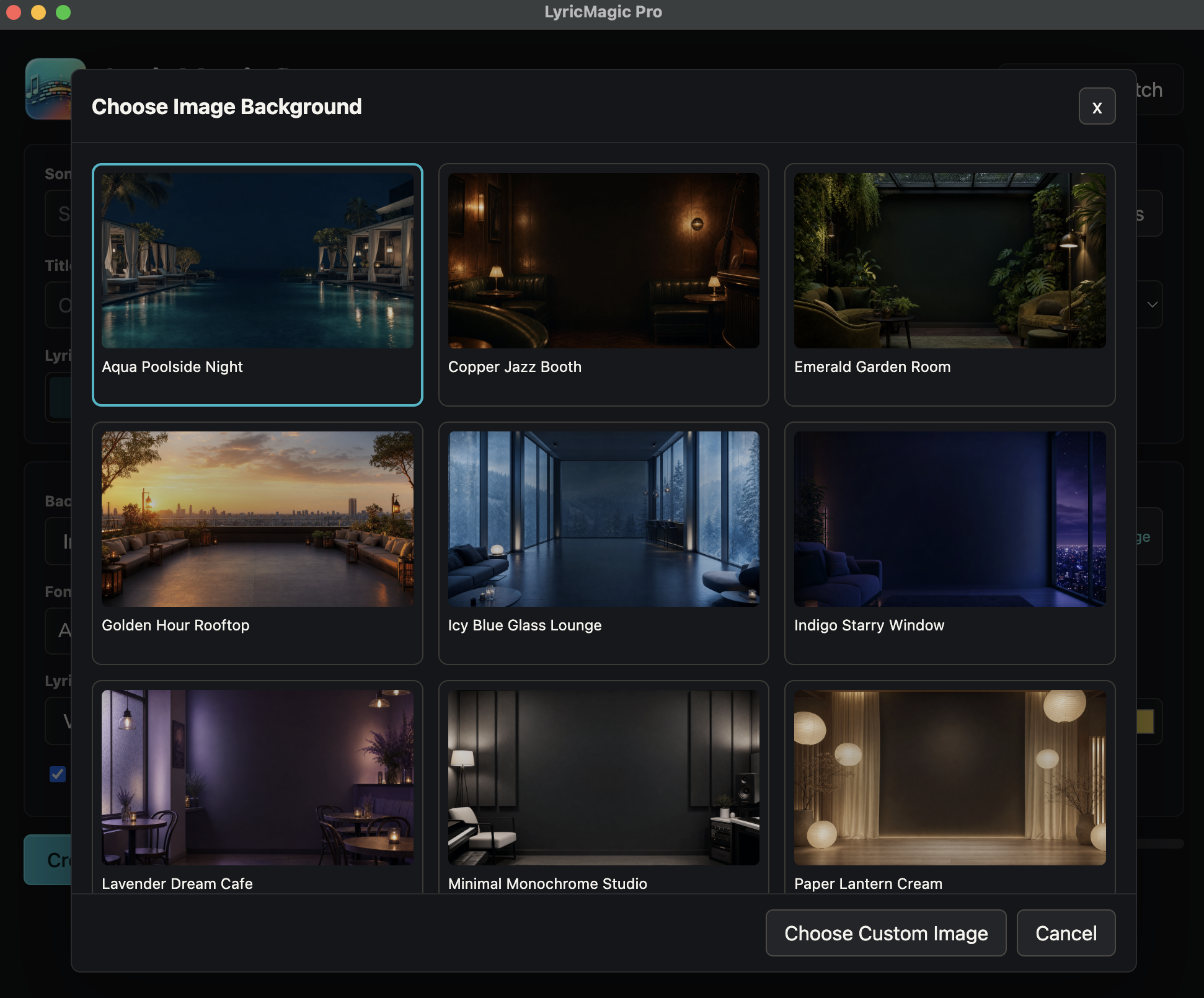 LyricMagic Pro background options in dark mode