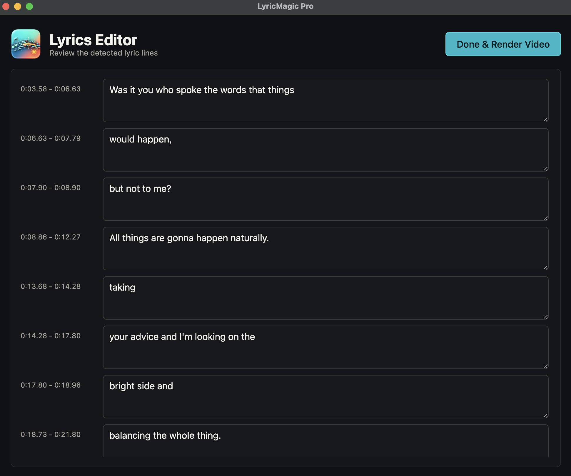 LyricMagic Pro lyrics editor in dark mode