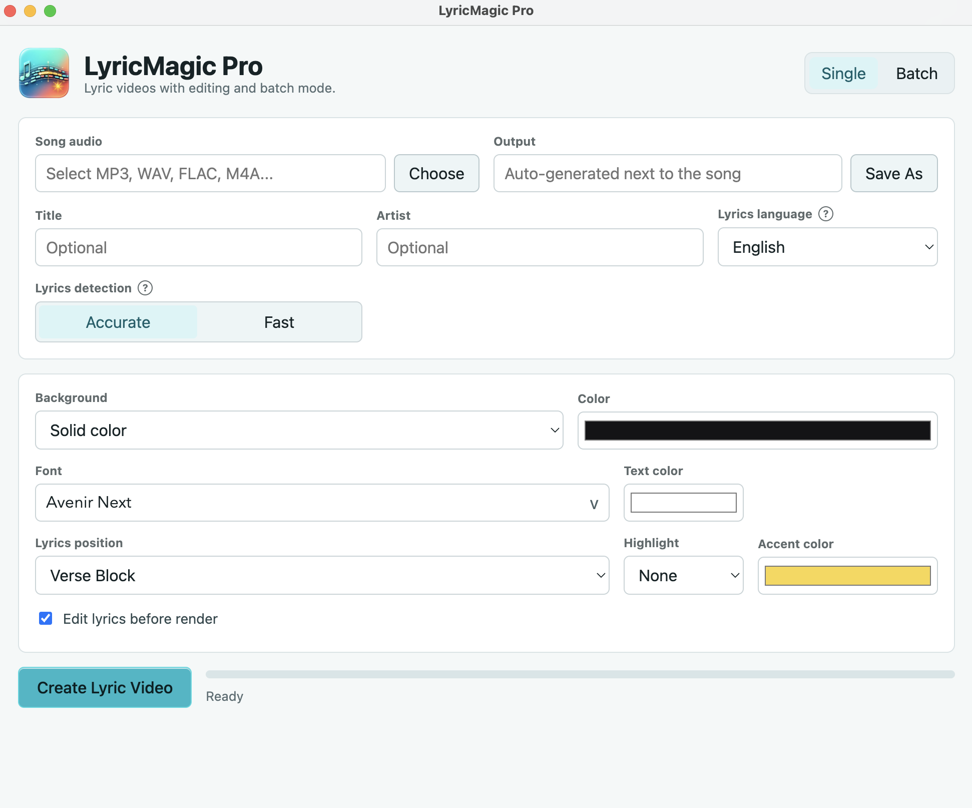 LyricMagic Pro single conversion in light mode