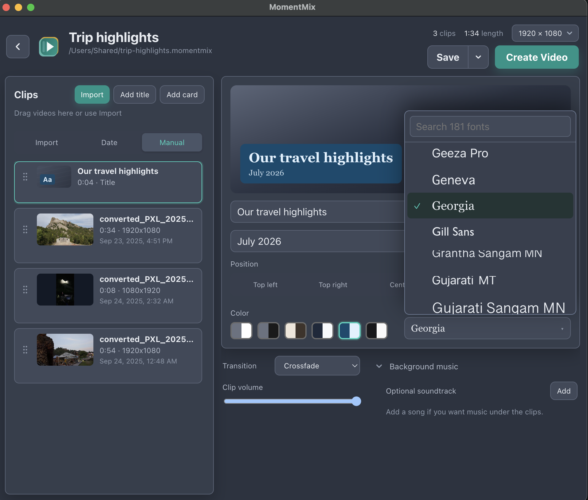 MomentMix Free title and options in dark mode