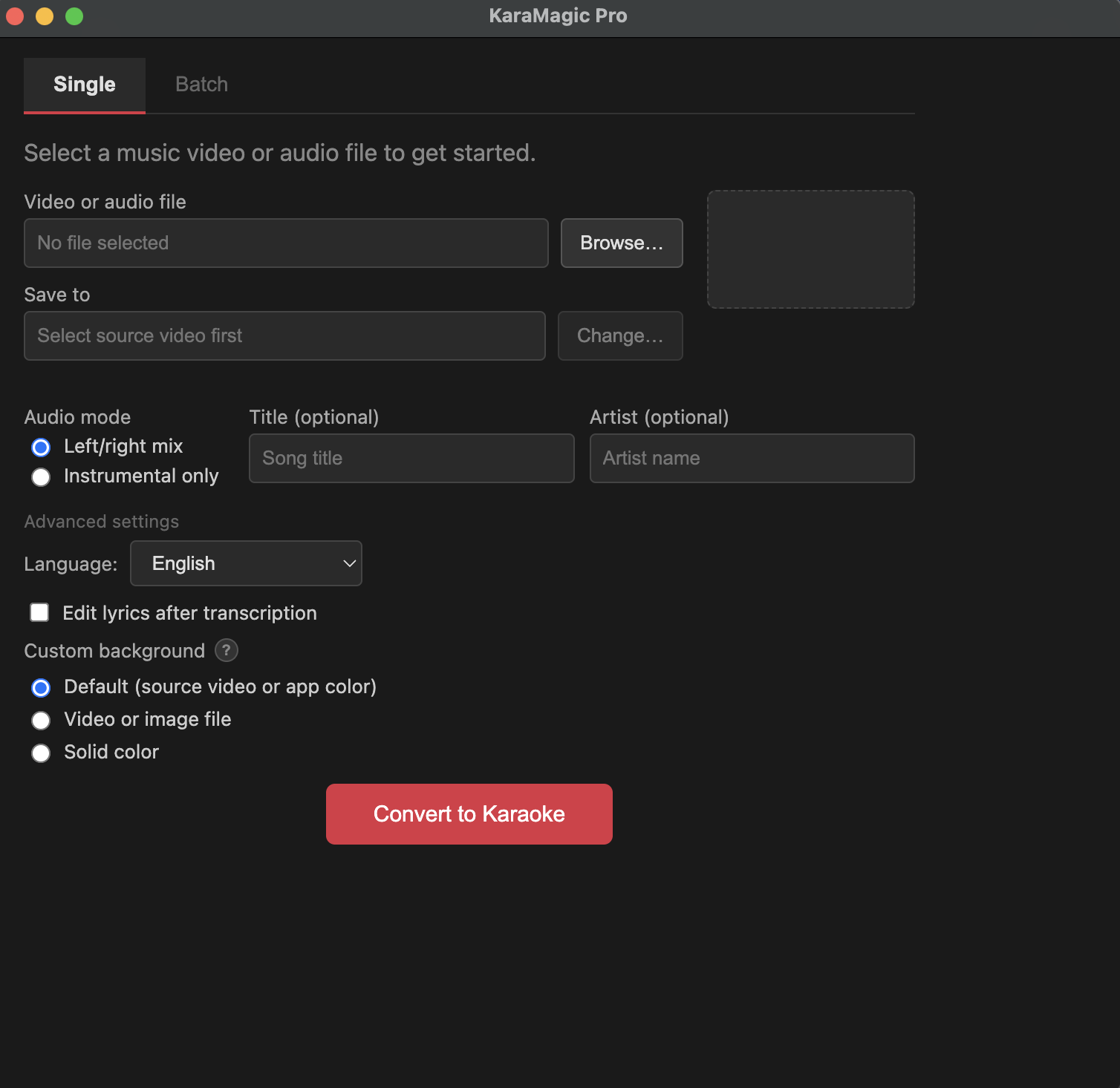 KaraMagic Pro single conversion in dark mode