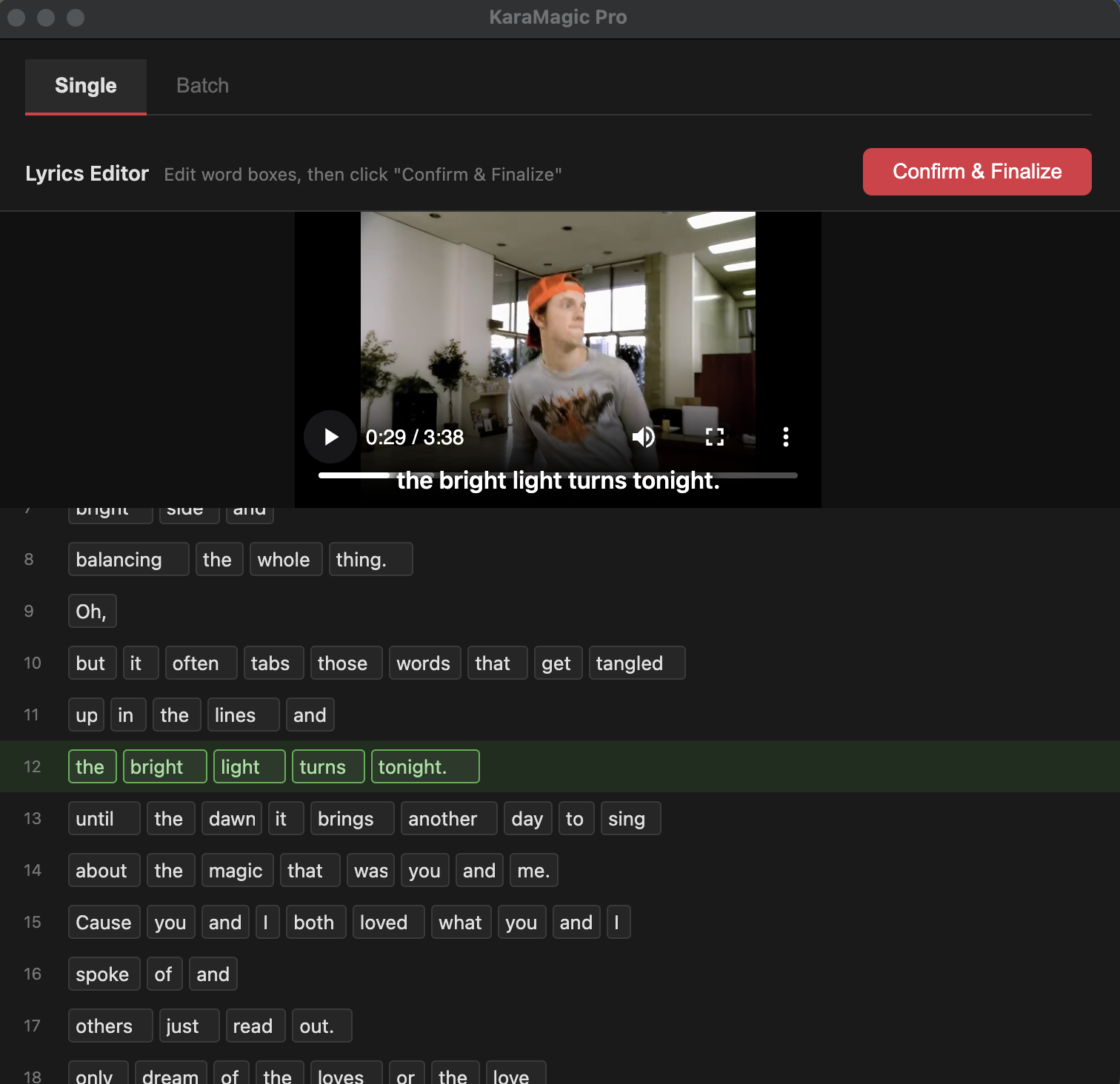 KaraMagic Pro lyrics editor in dark mode